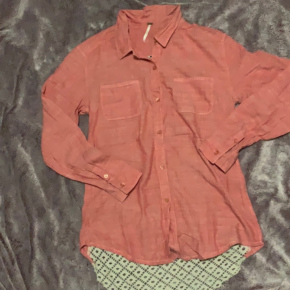 Free People Lace Back Button Down Red Chambray size small